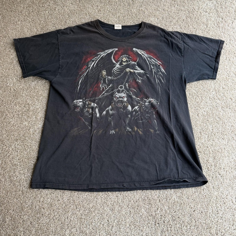 Y2K Fruit Of The Loom Grim Reaper Shirt Mens XL Black Graphic Art Tee T-Shirt